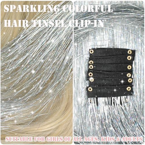 Hair Tinsel Kit 18 Pcs Hair Tinsel Clip in Fuller Sparkle, Heat Resistant Clip in Glitter Tinsel Hair Extensions Fairy Silver Hair Accessories for Women Girls Daily Party Festival (Silver) - Image 2