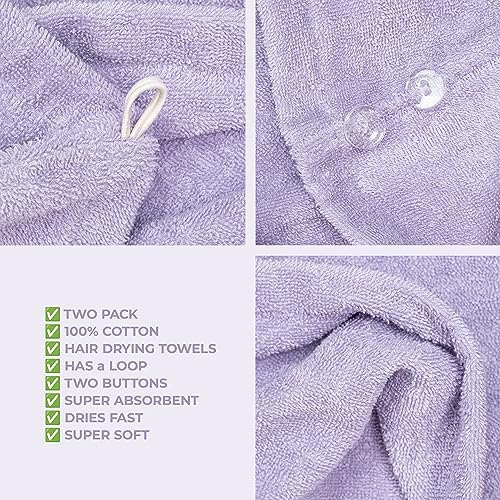 American Soft Linen 100% Cotton Hair Towels for Women, Head Towel Cap, Cotton Hair Turban Towel Wrap for Long Curly Anti Frizz Hair, Soft and Absorbent Cotton Hair Towels 2 Pack, Lilac - Image 5