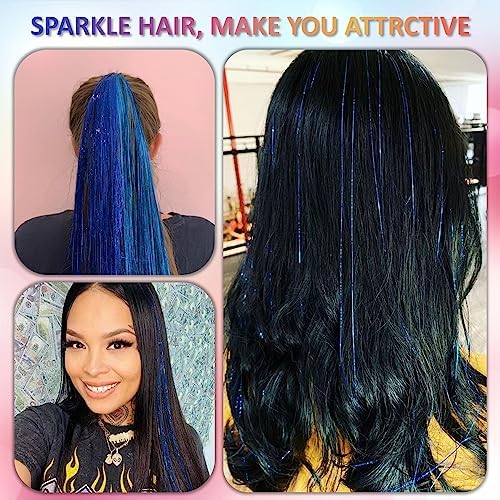 Sapphire Blue Hair Tinsel Kit 48 Inches 1200 Strands with Tools and Instruction Easy to Install Fairy Glitter Tinsel Hair Extensions for Women and Girls，Shinny Sparkling Braiding Hair Accessories - Image 2
