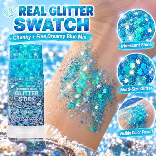 Iridescent Blue Hair Face Glitter Stick,Waterproof Mermaid Light Blue Body Glitter Stick,Spirit Day Accessories for Football Game Day,Halloween Festival Rave Concert Carnival Party Makeup - Image 3