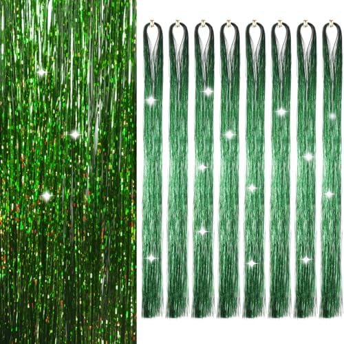 Hair Tinsel 8 Packs 1600 Strands 50 Inch Tinsel Hair Extensions Grass Green Heat Resistant Glitter Sparkling Shinny Fairy Hair Accessories for Women(Grass Green, 50Inch) by Sala