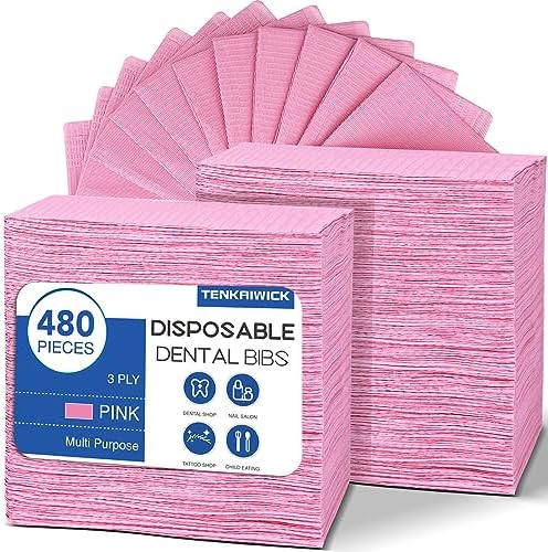 480 Pack Disposable Dental Bibs 13"x18", 3-Ply Waterproof Tattoo Bibs Sheet for Nail Salon, Dental Clinic, Feeding, Tattoo Shop (Pink) by TENKAIWICK