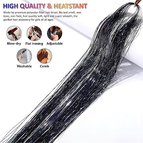 Black Hair Tinsel Kit 48 Inches 1200 Strands with Tools and Instruction Easy to Install Fairy Glitter Tinsel Hair Extensions for Women and Girls，Shinny Sparkling Braiding Hair Accessories for Halloween Cosplay Party - Image 2