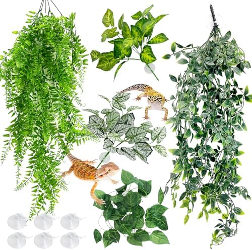 Reptile Plants for Terrarium Hanging Fake Leaves with Suction Cup by Hamiledyi