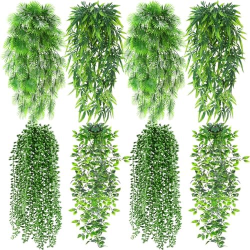Daifunli 12 Pcs Artificial Hanging Plants Fake Hanging Ferns Plastic Fake Plant for Wall Room Garden Garland Indoor Outdoor Decor No Basket (Palm,Mandala,String of Pearls,Maple Leaf) by Huiinen