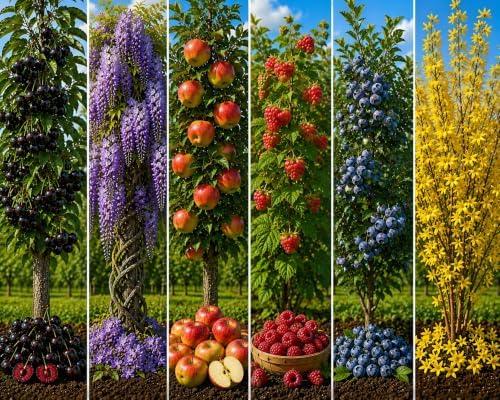 Live Plants Cherry, Wisteria, Apple, Raspberry, Blueberry, Forsythia. 12 Live Plants, 2 Plants of Each Variety, Fruit and Flowering Collection by CZGrain