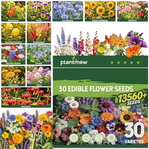 30 Edible Flower Seeds Variety Pack, Wildflower Seeds Mix for Indoor & Outdoors, 13,500+ Non-GMO Heirloom Seeds Culinary & Tea Garden, Easy-Grow Blooms for Salads & Cocktails by PLANTMEW