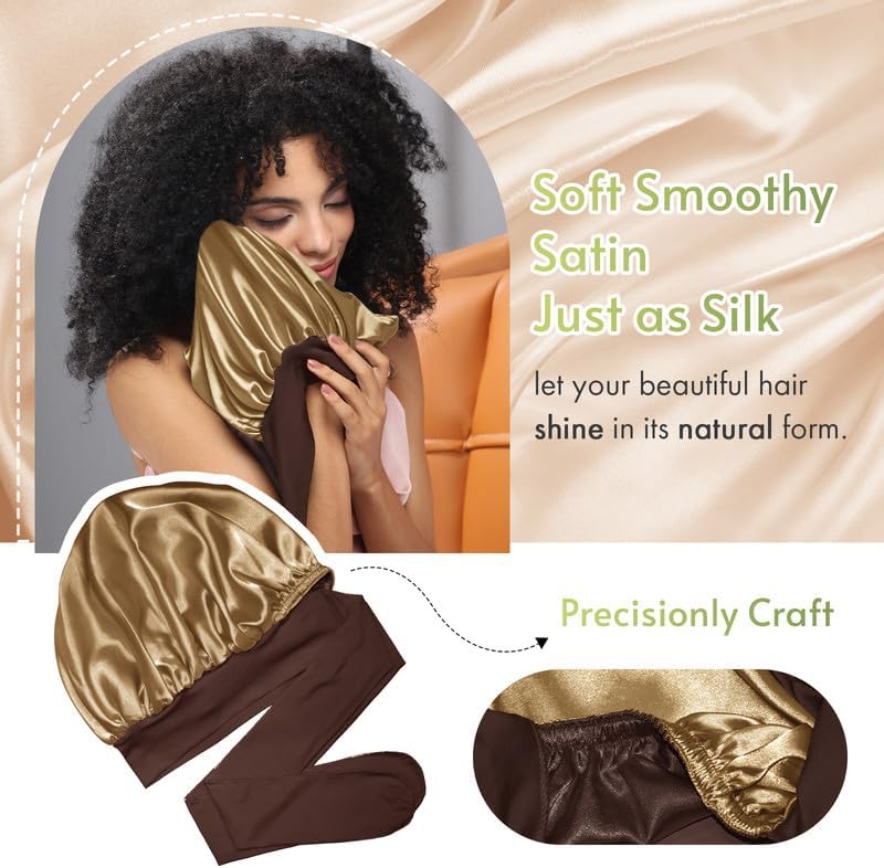 BONNET QUEEN Silk Bonnet for Sleeping Satin Bonnet with Tie Hair Wrap Double Layer Sleep Cap for Women Curly Hair, Brown Yellow - Image 5
