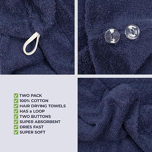 American Soft Linen 100% Cotton Hair Towels for Women, Head Towel Cap, Cotton Hair Turban Towel Wrap for Long Curly Anti Frizz Hair, Soft and Absorbent Cotton Hair Towels 2 Pack, Navy Blue - Image 5
