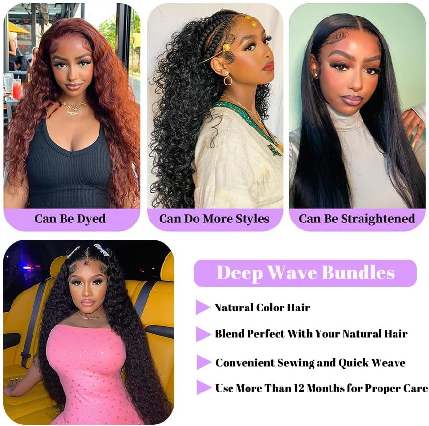 Deep Wave Human Hair Bundles 22 Inch Deep Wave Bundles 100% Unprocessed Brazilian Virgin Hair 1 Bundles Curly Bundles Hair Extensions Real Human Hair Wavy Quick Weave Bundles Natural Black - Image 4