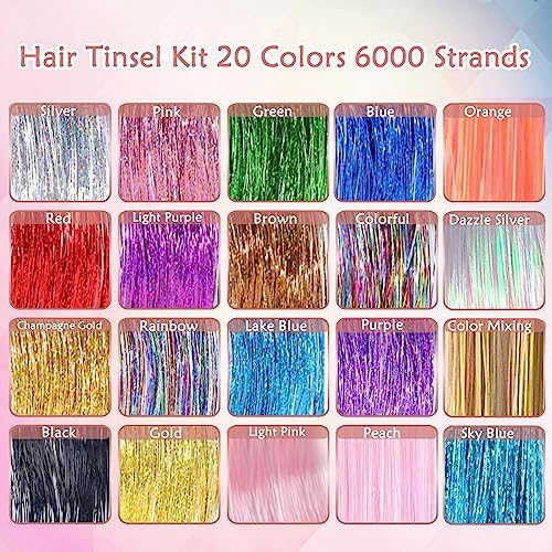 Hair Tinsel Kit, 20 Colors Glitter Tinsel Hair Extensions with Tools - Image 2