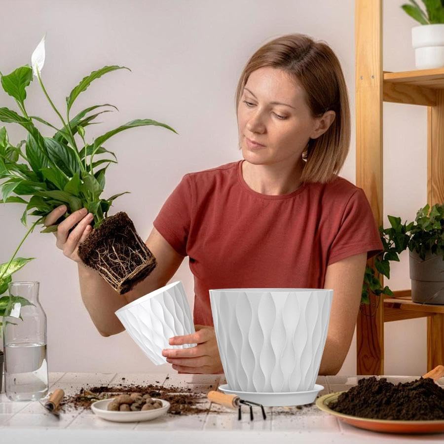 4/4.5/5/5.5/6/6.5/7 Inch Plant Pots,7 Pack Flower Pots with Drainage Holes and Trays,Plastic Planters for Indoor Outdoor Plants Growth,White - Image 5