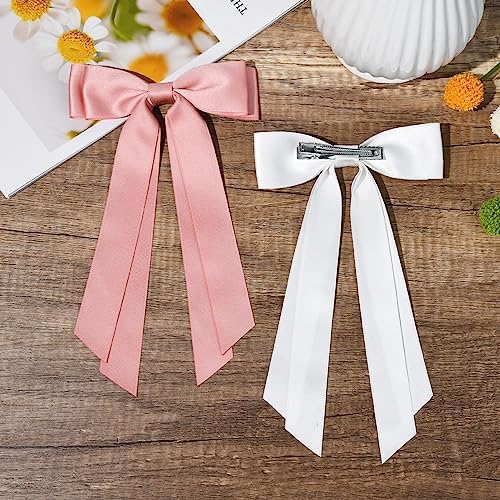 2PCS Silky Satin Hair Bows Hair Clip Pink White Hair Ribbon Ponytail Holder Accessories Slides Metal Clips Hair Bow for Women Girls Toddlers Teens Kids - Image 6