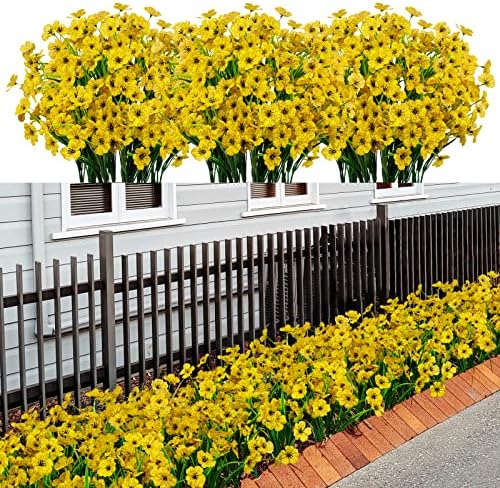 LikSoor 21 Bundles Artificial Outdoor UV Resistant Flowers No Fade Fake Outside Flowers Plastic Greenery Faux Shrubs Garden Porch Window Box Home Decoration (Yellow) by LikSoor