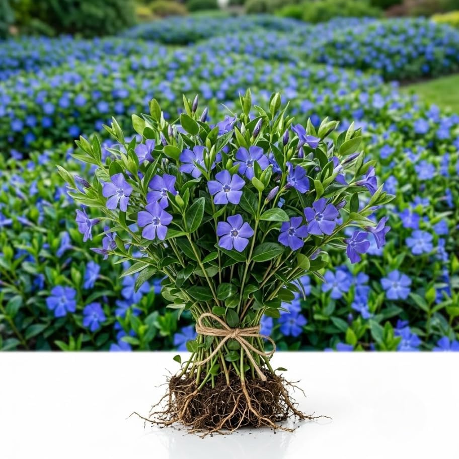 25 Live Blue Vinca Minor Plants, Creeping Myrtle Ground Cover, Periwinkle Hardy Perennial, 4-6 Inch Tall, Bare Root, No Pot by Unknown