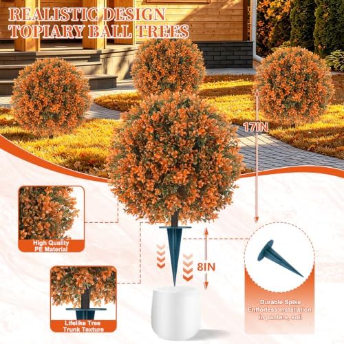 Artificial Boxwood Topiary Ball Trees with Ground Spike, Fall UV-Resistant Fake Shrubs Plants Trees for Outdoors Decor, 2 Pack Artificial Bushes for Home Front Door Offices - Image 3