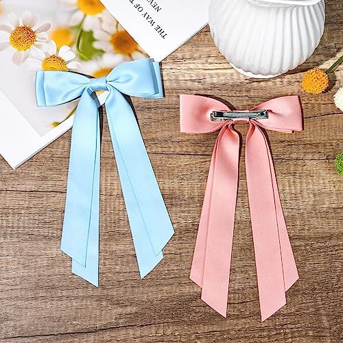 2PCS Silky Satin Hair Bows Hair Clip Pink Blue Hair Ribbon Ponytail Holder Accessories Slides Metal Clips Hair Bow for Women Girls Toddlers Teens Kids - Image 6