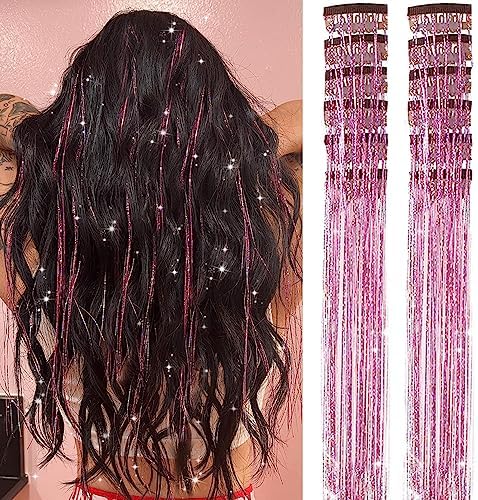 Pink Hair Tinsel Pack of 12 Pcs Clip in Hair Tinsel 20 Inch Glitter Tinsel Hair Extensions, Festival Tinsel Fairy Hair Extension Party Dazzle Hair Accessories Strands Kit(12Pcs,Pink#) by Umylar