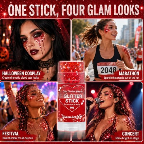 Red Body Hair Glitter Stick for Kids,Cheer Face Glitter Stick,Waterproof Red Spirit Day Accessories for Football Game Day,Halloween Cosplay Rave Carnival Concert Party Shimmer Makeup - Image 6