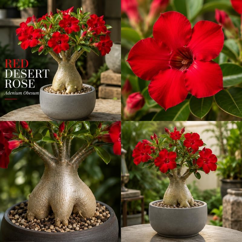 Desert Rose Plant, 4 Inch Potted Adenium Obesum, Low Maintenance Indoor Bonsai Succulent with Striking Red Blooms for Home & Patio Décor - Image 4