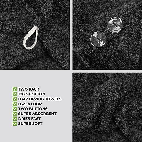 American Soft Linen 100% Cotton Hair Towels for Women, Head Towel Cap, Cotton Hair Turban Towel Wrap for Long Curly Anti Frizz Hair, Soft and Absorbent Cotton Hair Towels 2 Pack, Black - Image 5