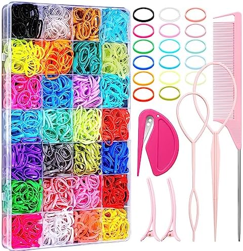 28 Colored Rubber Bands for Hair, 1500 Pcs Small Girls Elastic Ties With 6 Styling Tools - Colorful Accessories for Baby Toddlers Kids by auroray