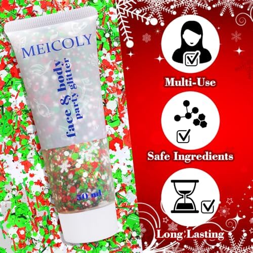 MEICOLY Christmas Face Glitter Gel with Snowflake Sequins,Red White Green X-MAS Body Glitter for Halloween,Christmas Hair Glitter Makeup for Women Girls,Stocking Stuffer Gifts for Kids - Image 2