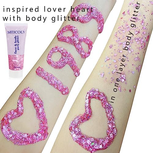 MEICOLY Pink Body Glitter,Sparkly Hair Glitter for Kids,Pink Accessories for Spirit Week,Singer Concerts Lover Heart Pink Halloween Face Glitter Makeup,Self-Adhesive Mermaid Glitter Face Paint - Image 5