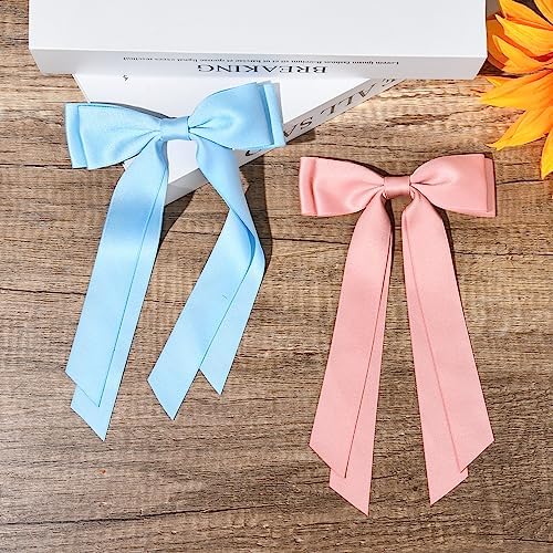 2PCS Silky Satin Hair Bows Hair Clip Pink Blue Hair Ribbon Ponytail Holder Accessories Slides Metal Clips Hair Bow for Women Girls Toddlers Teens Kids - Image 2