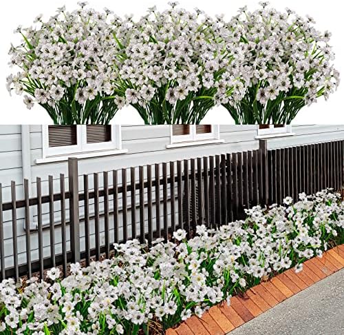 LikSoor 21 Bundles Artificial Outdoor UV Resistant Flowers No Fade Fake Outside Flowers Plastic Greenery Faux Shrubs Garden Porch Window Box Home Decoration (White) by LikSoor