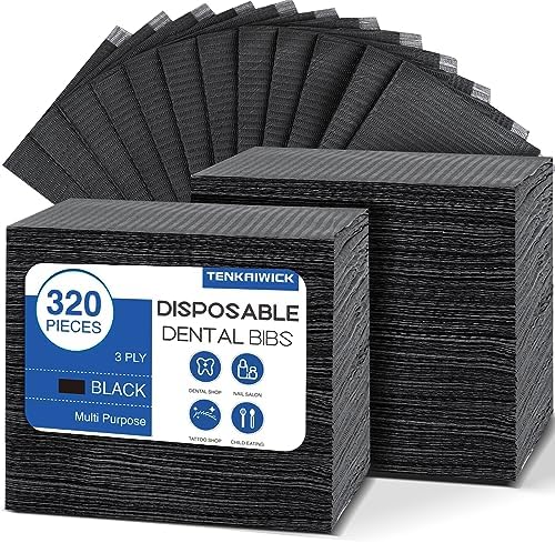 320 Pack Disposable Dental Bibs 13"x18", 3-Ply Waterproof Tattoo Bibs Sheet for Nail Salon, Dental Clinic, Feeding, Tattoo Shop (Black) by TENKAIWICK