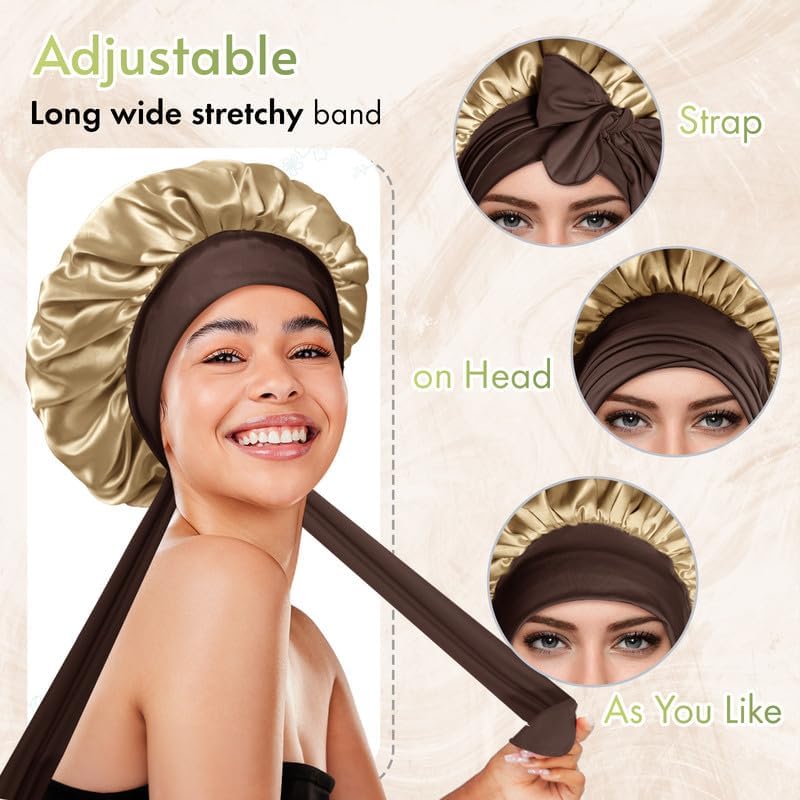 BONNET QUEEN Silk Bonnet for Sleeping Satin Bonnet with Tie Hair Wrap Double Layer Sleep Cap for Women Curly Hair, Brown Yellow - Image 4