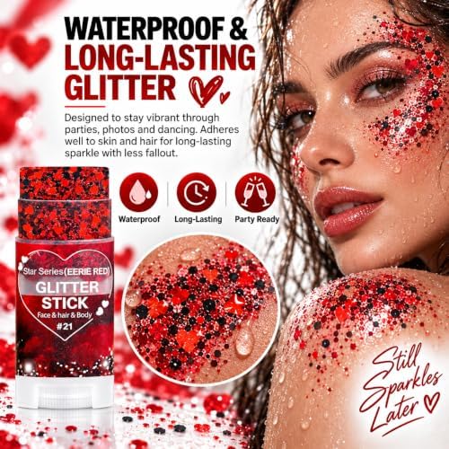 Red and Black Hair Glitter Stick, Face Body Glitter Makeup, Red Black School Spirit Week Game Day Cheer Football Accessories, Heart Chunky Sequins for Halloween Vampire Devil Witch Clown Rave Festival - Image 4