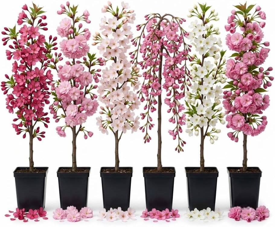 3 Live Flowering Cherry Blossom Trees Assorted Varieties - Random Okame, Double Pink, Yoshino, White Weeping, Snowgoose or Kwanzan Cherry Tree Live Plants 5-12" Tall 3" Pot by Unknown