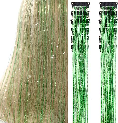Hair Tinsel Pack of 12 Pcs Clip in Hair Tinsel 20 Inch Glitter Green Tinsel Hair Extensions, Festival Tinsel Fairy Hair Party Dazzle Hair Accessories Strands Kit(12Pcs,Fruit green#) by Umylar