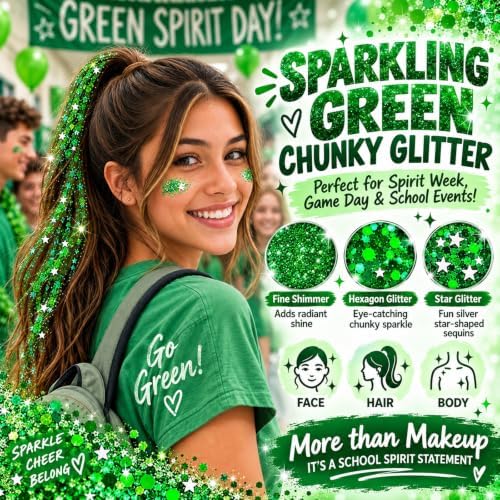 Green Hair Glitter Stick, Green Face Body Glitter Makeup, School Spirit Week Game Day Cheer Accessories, Chunky Sequins for Halloween, St Patrick's Day, Rave Festival Singer Concert, Mardi Gras - Image 2