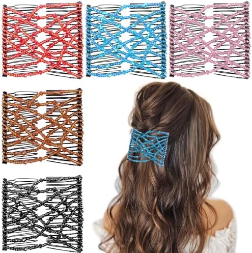 5 Pieces Stretchy Beaded Hair Accessories - Adjustable Elastic Clips, No Crease Pins for Curly Thick Wavy Hair Ponytails, Vintage Bun Makers for Women and Girls by Suptizizkz