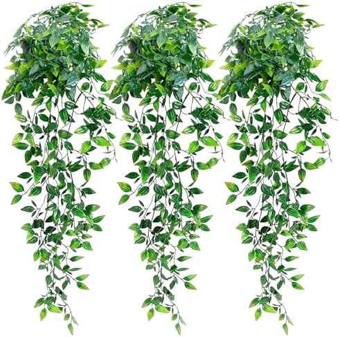 LOYWREE 3 Pack Small Artificial Hanging Mandala Plant with Pot Faux Plants Indoor Fake Small Potted Plant 28.7-In Long Faux Vine Shelf Decor Ideal for Indoor Outdoor Home Office Decoration (Black Pot) by LOYWREE