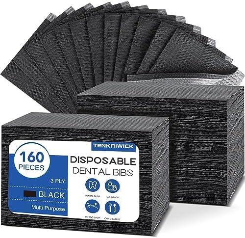 TENKAIWICK 160 Pack Disposable Dental Bibs 13"x18", 3-Ply Black Dental Bibs,Waterproof Tattoo Bibs Sheet for Nail Salon, Dental Clinic, Feeding, Tattoo Shop (Black) by TENKAIWICK