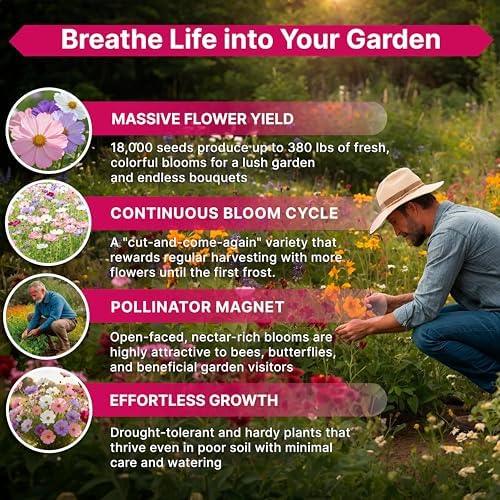 Cosmos Flower Seeds Pack 4 oz - 18,000 Non-GMO Heirloom Annual Seeds for Planting Indoor & Outdoor Gardening, Flower Seed for Garden in Resealable Packet, Floral Mix for Pollinators Perennial Mix - Image 5