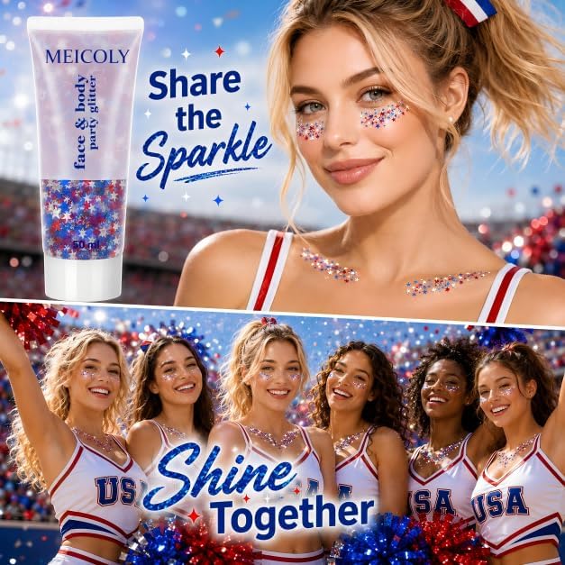 MEICOLY 50g Star Shaped Red White and Blue Body Glitter Face Glitter Gel, Patriotic Accessories Hair Glitter for 4th of July Outfits for Women, Fourth of July USA Accessories for Independence Day - Image 2