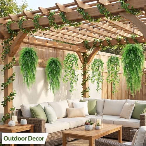 Daifunli 12 Pcs Artificial Hanging Plants Fake Hanging Ferns Plastic Fake Plant for Wall Room Garden Garland Indoor Outdoor Decor No Basket (Ivy,Boston Ferns) - Image 4