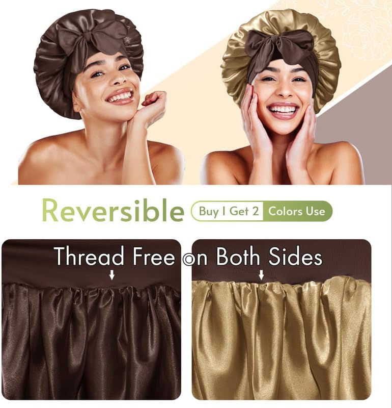 BONNET QUEEN Silk Bonnet for Sleeping Satin Bonnet with Tie Hair Wrap Double Layer Sleep Cap for Women Curly Hair, Brown Yellow - Image 2