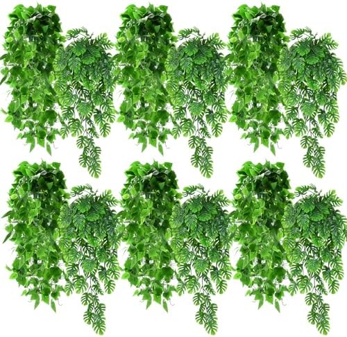 Daifunli 12 Pcs Artificial Hanging Plants Fake Hanging Ferns Plastic Fake Plant for Wall Room Garden Garland Indoor Outdoor Decor No Basket (Monstera Vine,Ivy Vine) by Huiinen