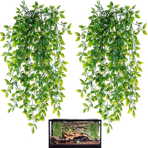 HERCOCCI Reptile Plants, 2 Pack Terrarium Hanging Plants Vines Artificial Leaves Habitat Decorations with Suction Cup for Bearded Dragon Hermit Crab Lizard Snake Geckos Chameleon by HERCOCCI
