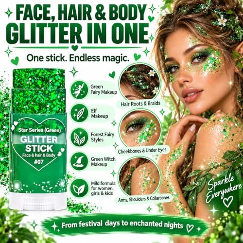 Green Hair Glitter Stick, Green Face Body Glitter Makeup, School Spirit Week Game Day Cheer Accessories, Chunky Sequins for Halloween, St Patrick's Day, Rave Festival Singer Concert, Mardi Gras - Image 5