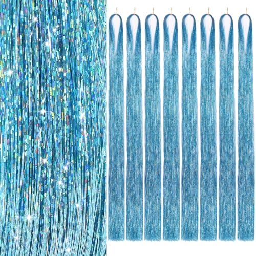 Hair Tinsel 8 Packs 1600 Strands 50 Inch Tinsel Hair Extensions Sky Blue by Sala
