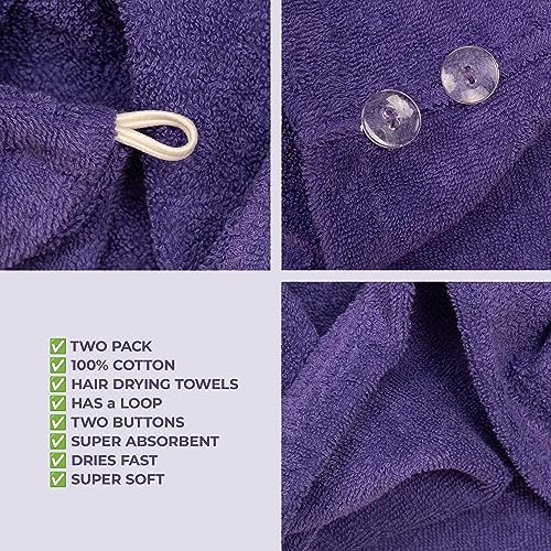 American Soft Linen 100% Cotton Hair Towel Cap and Wrap for Long Curly Anti Frizz Hair, Absorbent 2 Pack, Purple - Image 5
