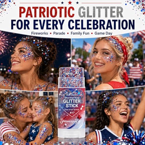 Red White Blue Hair Glitter Stick,4th of July Patriotic America Stripe Star Face Body Glitter,Fourth of July Accessories,Independence Day Waterproof Cheer Glitter Makeup for Women - Image 5