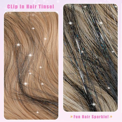 18 Pcs Hair Tinsel Clip in, 20.5 Inch Glitter Tinsel Hair Extensions, Shiny Sparkling Fairy Hair Tinsel Clips, Dazzling Party Hair Accessories for Girls Women Kids (Black) - Image 3